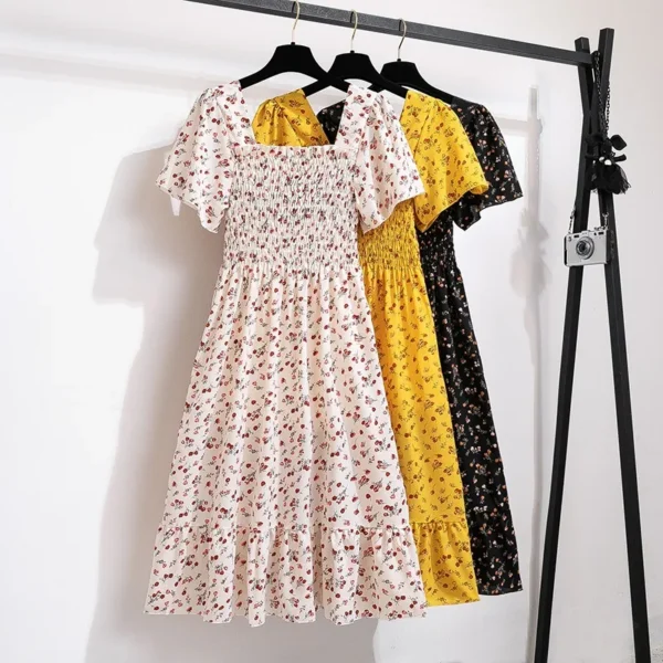 Vestido de gasa de primavera y verano para mujer, vestidos por debajo de la rodilla, manga corta, cintura elástica, estampado Floral, plisado, vestido informal sin espalda