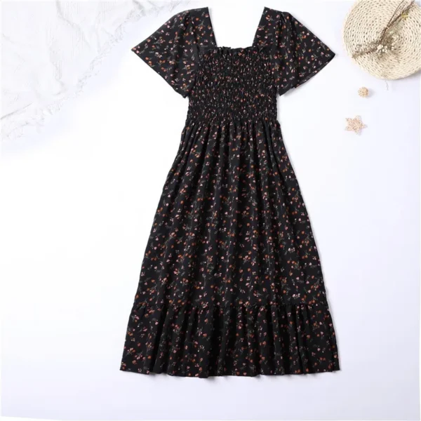 Vestido de gasa de primavera y verano para mujer, vestidos por debajo de la rodilla, manga corta, cintura elástica, estampado Floral, plisado, vestido informal sin espalda - Imagen 3