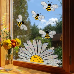 Pegatina colorida de abeja y girasol para ventana, decoración de ventanas de cristal de arcoíris, calcomanías de pared, decoración del hogar, Mural electrostático autoadhesivo