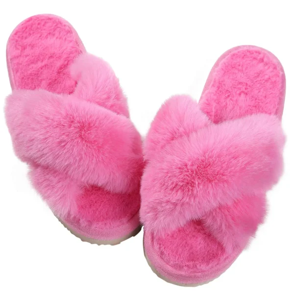 Zapatillas de casa peludas a la moda, chanclas de piel esponjosa para mujer, zapatillas planas peludas para dormitorio, zapatos de interior con banda cruzada de suela gruesa - Imagen 10