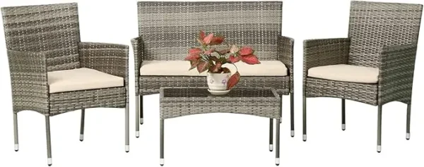 Juego de muebles de patio, 4 piezas, silla de ratán para exteriores, sofá de mimbre, juegos de bistró para conversación de jardín, patio, piscina o patio trasero - Imagen 7