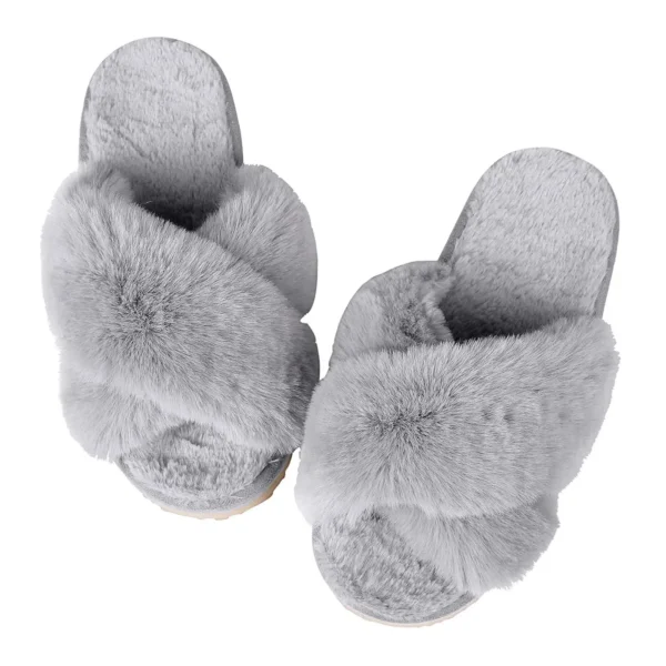 Zapatillas de casa peludas a la moda, chanclas de piel esponjosa para mujer, zapatillas planas peludas para dormitorio, zapatos de interior con banda cruzada de suela gruesa - Imagen 11