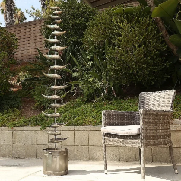 Fuente de agua de piso escalonada de metal para interiores/exteriores, diseño rústico de hojas plateadas para patio, jardín, decoración de patio - Imagen 2