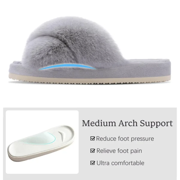 Zapatillas de casa peludas a la moda, chanclas de piel esponjosa para mujer, zapatillas planas peludas para dormitorio, zapatos de interior con banda cruzada de suela gruesa - Imagen 5