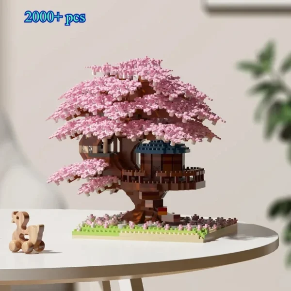 Bloques de construcción modelo clásico ladrillos juguetes para niños DIY púrpura romántico flor de cerezo rosa árbol casa tren montaje - Imagen 8