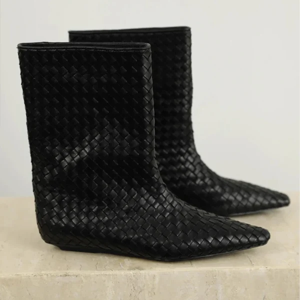 Botas de piel de vaca para mujer, botines de media pantorrilla adelgazantes Retro tejidos, a la moda, con cabeza cuadrada, holgados, de manga recta, otoño e invierno - Imagen 2