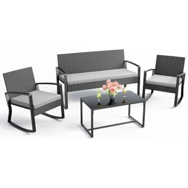 Juego de muebles de patio al aire libre de 4 piezas, muebles de patio de mimbre con mesa de centro de vidrio, juego de bistró mecedora de mimbre