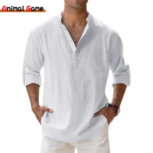 Camisas de lino y algodón para hombres, camisas casuales, camisas ligeras de manga larga Henley Beach, camisetas hawaianas para hombres