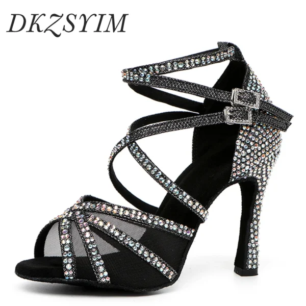 Zapatos de baile latino con diamantes de imitación para mujer, zapatos de baile latino para niña, zapatos de baile de salón negros brillantes para niñas y mujeres