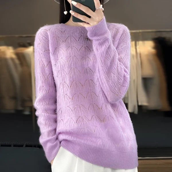Suéter de punto nuevo para mujer, Top calado, 100% de lana merina, jersey con cuello redondo, suéter de Cachemira, primavera y otoño - Imagen 10