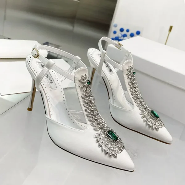 Zapatos de boda para mujer, sandalias de tacón alto con punta estrecha y diamantes de imitación, sandalias de tacón de aguja con piedras preciosas de satén, zapatos de boda con bomba de hadas Baotou 2022 - Imagen 7
