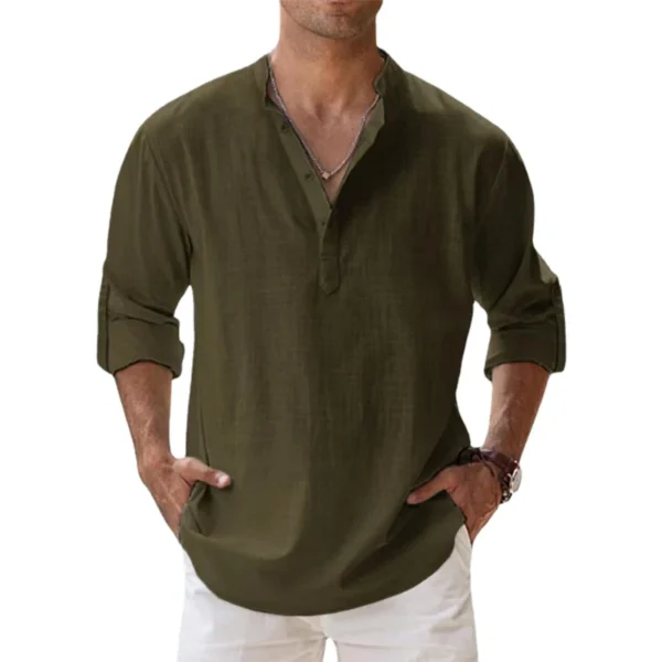 Camisas de lino y algodón para hombres, camisas casuales, camisas ligeras de manga larga Henley Beach, camisetas hawaianas para hombres - Imagen 5