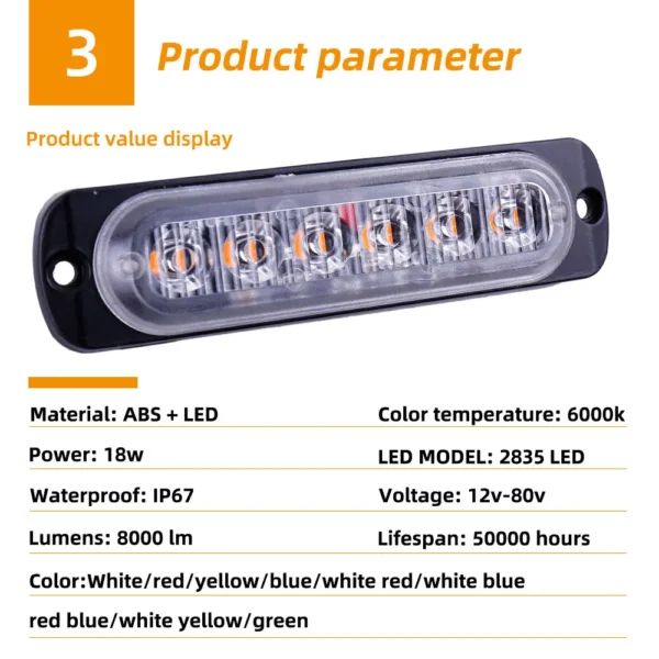 Luz de advertencia de 6LED, luces LED para remolque, luces indicadoras laterales para camión, barra de luz de mal funcionamiento para parrilla de coche, baliza para barcos de motocicleta SUV - Imagen 6