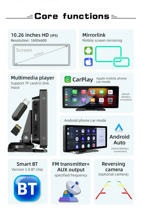 BQCC Universal Pantalla de 10,26 pulgadas Radio de coche Multimedia WIFI Reproductor de vídeo Pantalla Carplay inalámbrica para Apple o Android - Imagen 3