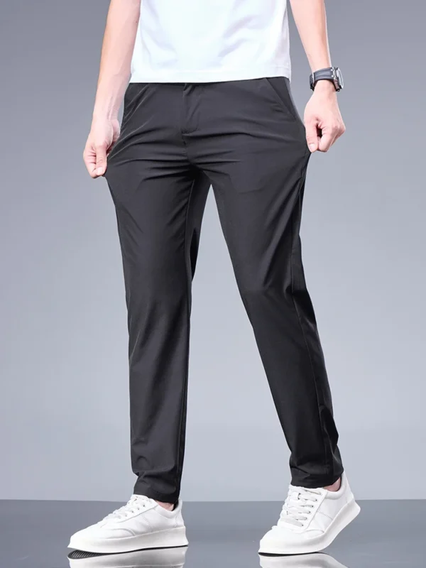 Pantalones de seda de hielo de negocios, pantalones rectos con cintura elástica, pantalones negros y grises, ropa sencilla transpirable para hombre, pantalones de traje informales - Imagen 7