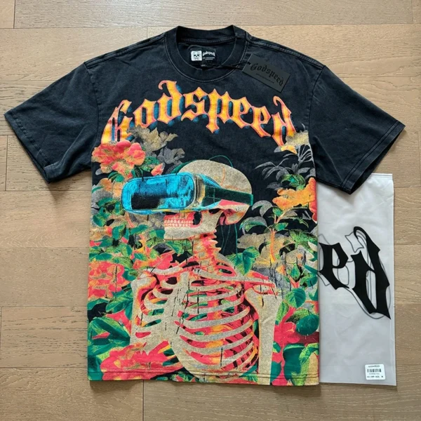 Camiseta hombres mujeres High Street Fire impreso cuello redondo manga corta pareja suelta Casual Top camiseta Foto Real Godspeed - Imagen 9