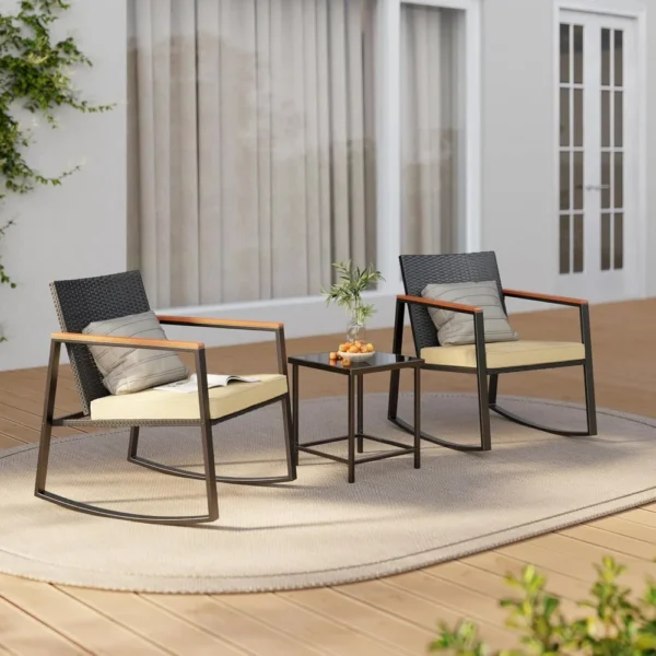 Juego de bistró mecedora para Patio de 3 piezas con reposabrazos antiescaldaduras, juego de muebles de mimbre para Patio exterior con mesa de cristal y cojín - Imagen 2