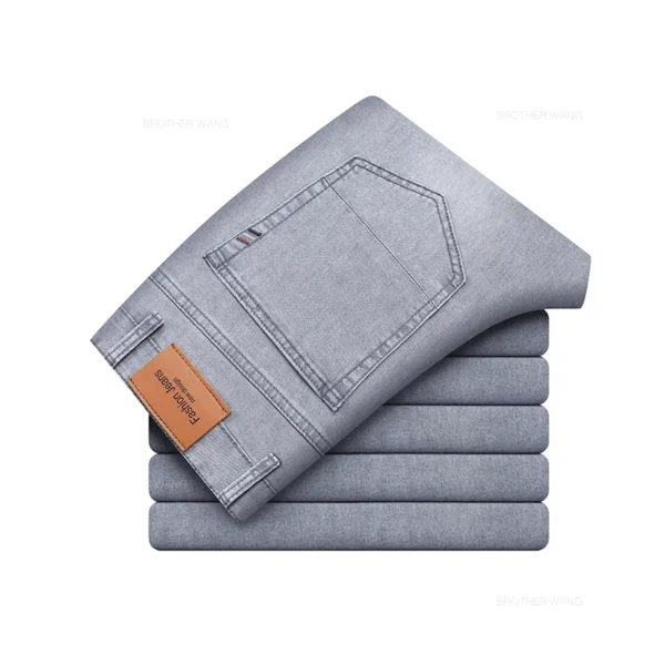 Pantalones vaqueros finos de algodón elástico para hombre, pantalón informal, recto, cómodo, color gris, a la moda, para verano - Imagen 8