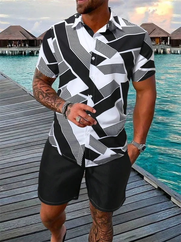 Camisa de manga corta para hombres y pantalones cortos de 2 piezas, conjunto de pantalones cortos con cordón de playa con estampado de árbol de coco a la moda - Imagen 12