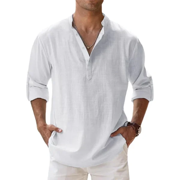 Camisas de lino y algodón para hombres, camisas casuales, camisas ligeras de manga larga Henley Beach, camisetas hawaianas para hombres - Imagen 9