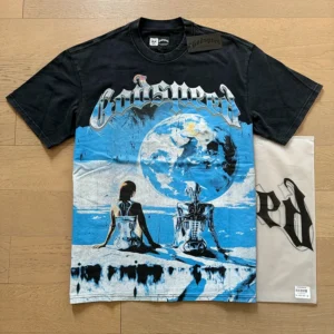 Camiseta hombres mujeres High Street Fire impreso cuello redondo manga corta pareja suelta Casual Top camiseta Foto Real Godspeed