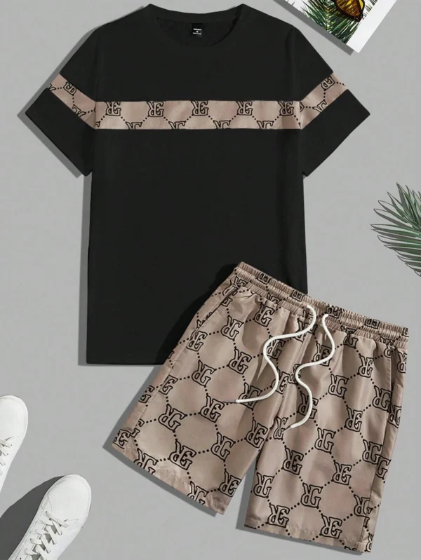 Traje de hombre retro con letras impresas con cuello redondo, Camiseta corta, traje cómodo y transpirable, traje de dos piezas para hombre - Imagen 9