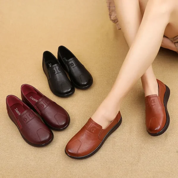 Zapatos de cuero para mamá para mujer, cómodos mocasines negros para primavera y verano, zapatos planos perezosos de suela blanda para madre y mujer - Imagen 6