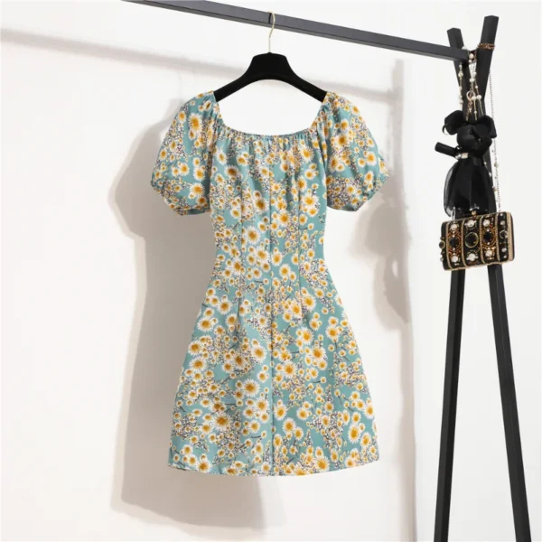 Minivestidos de mujer, moda de verano, Vestidos femeninos con estampado Floral, Vestidos de gasa fruncidos, plisado, manga corta acampanada, vestido informal - Imagen 4