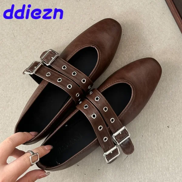 Calzado femenino con punta redonda, zapatos planos de lujo para mujer, zapatos Mary Jane, zapatos planos de Ballet con hebilla a la moda poco profundos para mujer