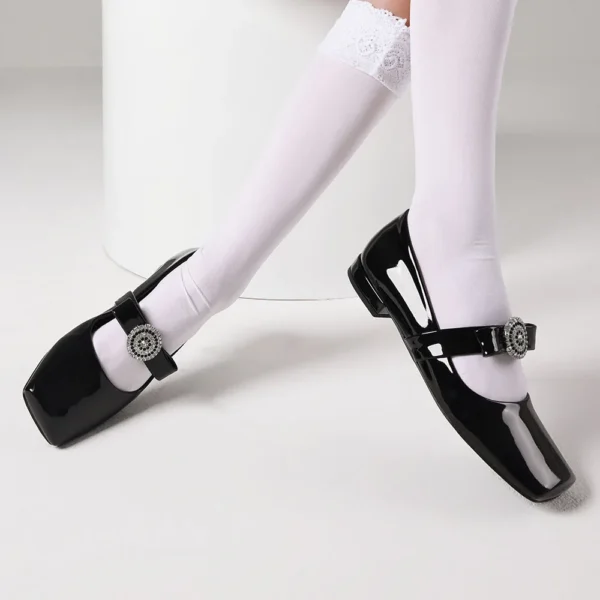 Zapatos planos Mary Jane con diamantes de imitación para mujer, zapatos bajos sin cordones con punta cuadrada, zapatos planos elegantes de lujo para vestido de fiesta - Imagen 2