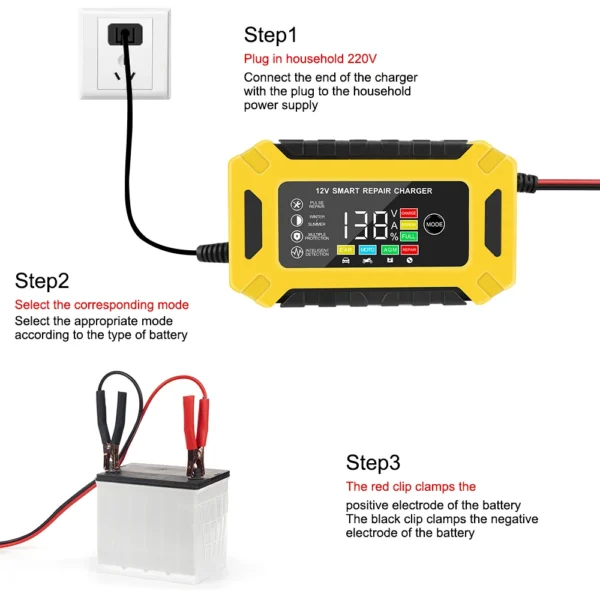 Cargador inteligente para motocicleta y camión, cargador de batería automático para coche, Gel de plomo ácido, húmedo y seco, 12V, 6A, pantalla LCD Digital, reparación de pulsos - Imagen 3
