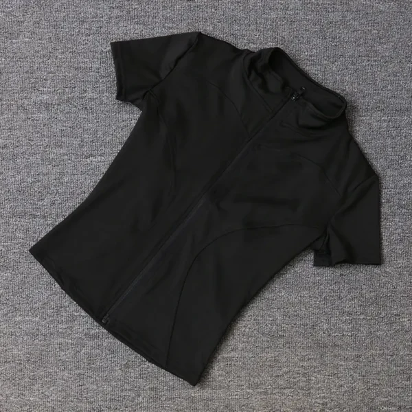 Tops de entrenamiento adelgazantes de cintura de alta calidad para mujer, camisas de Yoga de manga corta con cuello levantado ajustado de secado rápido y cremallera completa, verano - Imagen 11