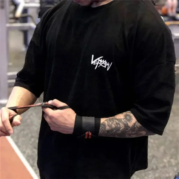 Camiseta deportiva para Fitness, Camiseta de algodón de gran tamaño para entrenamiento, correr, gimnasio, camisetas para hombre, cuello redondo, ropa de calle de manga corta para mujer - Imagen 4