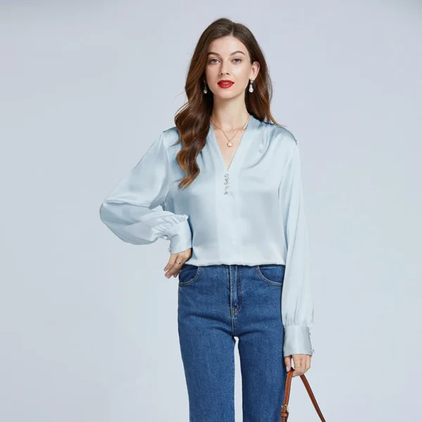 Camisas 100% de seda para mujer, blusas de diseñador, ropa de lujo para mujer, blusa con manga acampanada y cuello en V con botones de diamantes para mujer - Imagen 11