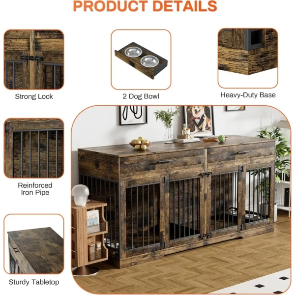 Muebles tipo jaula para perros de 72 pulgadas para 2 perros, muebles tipo perrera grande con 2 cajones de almacenamiento y 4 tazones, jaula para perros de madera con extraíble - Imagen 5