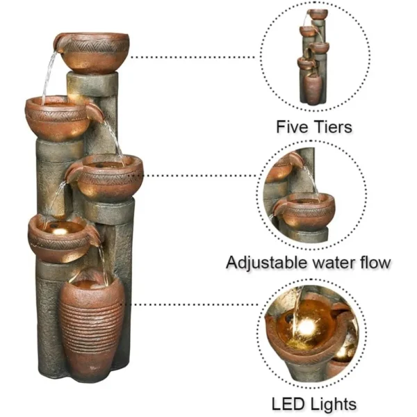 Decoración de fuente de agua para jardín al aire libre de 5 niveles, fuente de resina para jardín, piso, patio, terraza, porche, patio trasero y decoración artística para el hogar (B - Imagen 4