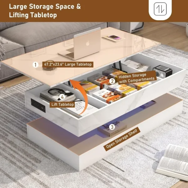 Mesa de centro grande con tapa elevable de 47,2 pulgadas con estación de carga, mesa central moderna LED de alto brillo con compartimento oculto de almacenamiento - Imagen 4