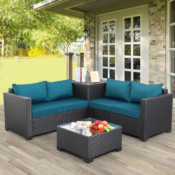 Juego de muebles de Patio de mimbre PE para exteriores, sofá seccional de ratán negro de 4 piezas, sofá de dos plazas, conjunto de conversación con caja de almacenamiento - Imagen 7