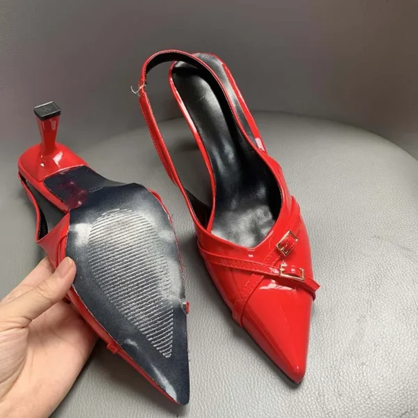 Sandalias femeninas de moda, tacones rojos a la moda, zapatos de tacón para mujer, calzado con talón descubierto, zapatos con hebilla y punta estrecha, zapatos de tacón para mujer - Imagen 4