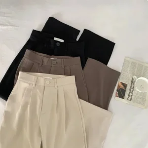 Pantalones de traje para mujer, pantalones rectos de cintura alta para otoño, pantalones de moda coreana para mujer, pantalones informales holgados con botones para mujer, pantalones negros nuevos