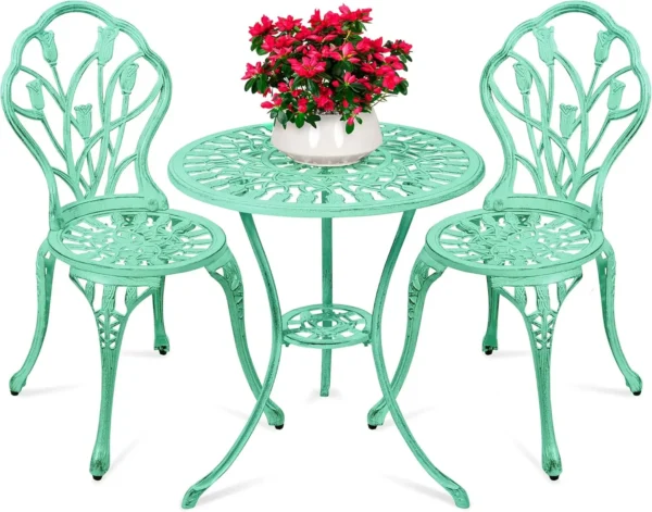 Juego de bistró de patio de aluminio fundido resistente a la oxidación para exteriores de 3 piezas con diseño de tulipán, acabado antiguo - Conjuntos de muebles de patio verde azulado