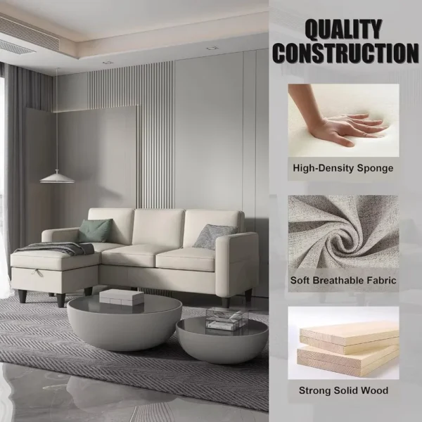 Juego de muebles de sofá de 3 asientos de tela de lino moderno seccional convertible en forma de L con otomana de almacenamiento - Imagen 5