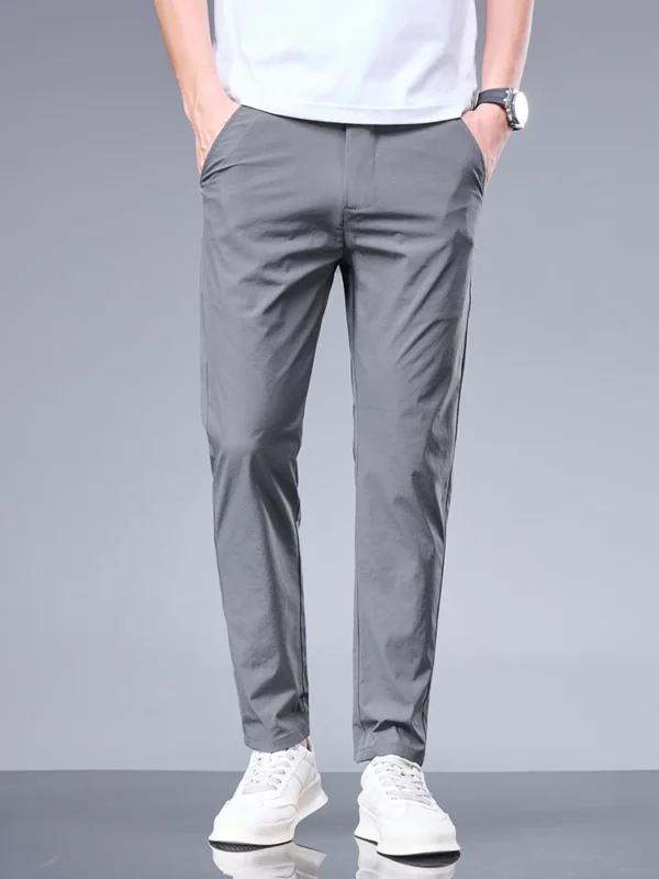 Pantalones de seda de hielo de negocios, pantalones rectos con cintura elástica, pantalones negros y grises, ropa sencilla transpirable para hombre, pantalones de traje informales - Imagen 3