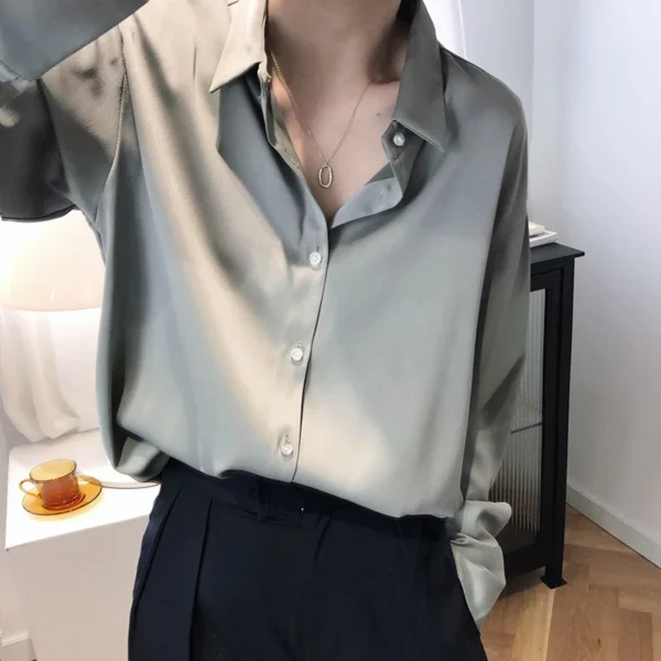 Camisas y blusas con acabado satinado que combinan con todo, ropa de mujer, Top informal OL, camisas elegantes con botones de manga larga, blusas sólidas francesas - Imagen 5
