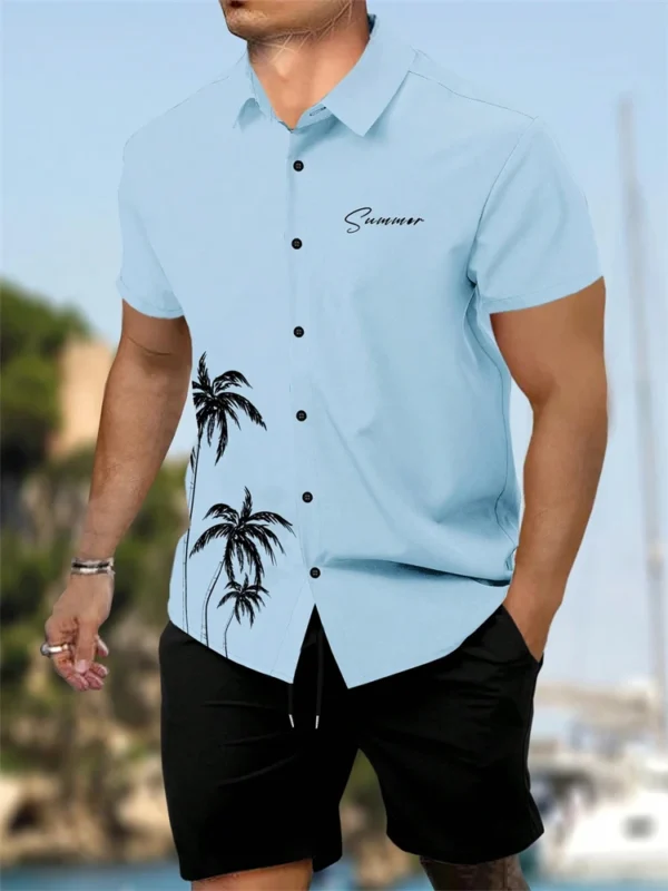 Camisa de manga corta para hombres y pantalones cortos de 2 piezas, conjunto de pantalones cortos con cordón de playa con estampado de árbol de coco a la moda - Imagen 10