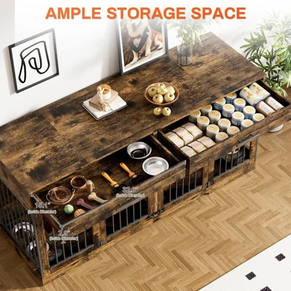 Muebles tipo jaula para perros de 72 pulgadas para 2 perros, muebles tipo perrera grande con 2 cajones de almacenamiento y 4 tazones, jaula para perros de madera con extraíble - Imagen 3