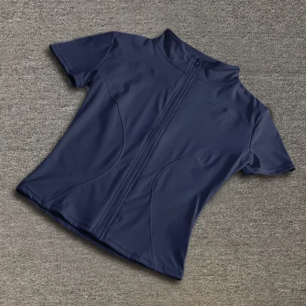 Tops de entrenamiento adelgazantes de cintura de alta calidad para mujer, camisas de Yoga de manga corta con cuello levantado ajustado de secado rápido y cremallera completa, verano - Imagen 6