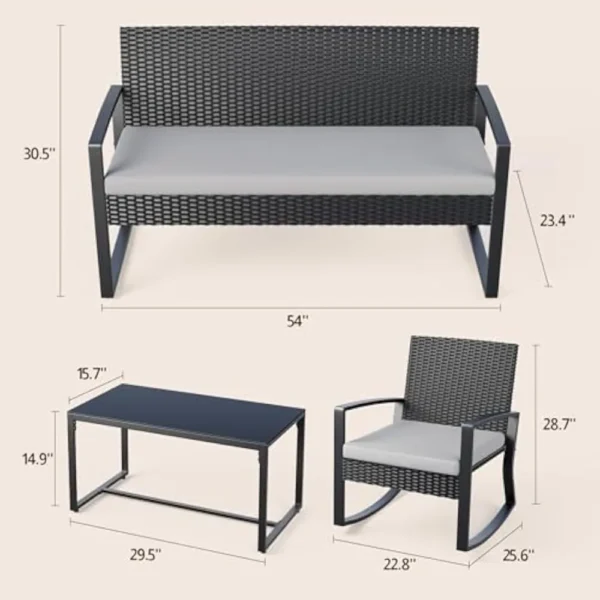 Juego de muebles de patio al aire libre de 4 piezas, muebles de patio de mimbre con mesa de centro de vidrio, juego de bistró mecedora de mimbre - Imagen 2