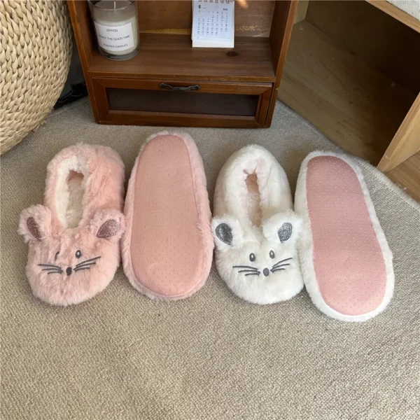 Zapatilla de casa para mujer, piel de invierno, felpa cálida, agarre antideslizante, interior, esponjoso, perezoso, orejas de ratón, zapatos peludos, lindo y divertido - Imagen 3