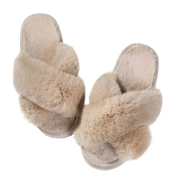 Zapatillas de casa peludas a la moda, chanclas de piel esponjosa para mujer, zapatillas planas peludas para dormitorio, zapatos de interior con banda cruzada de suela gruesa - Imagen 16
